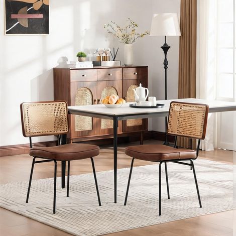 Set de 2 chaises de salle à manger en simili cuir marron et rotin (1/5)