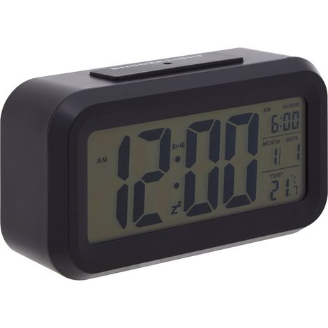 Premier Housewares Black LCD Digital Clock Small Desk Clock / Alarm Clock Battery Powered Lightweight Temperature Sensor Contemporary w14 x d5 x h8cm (1/5)