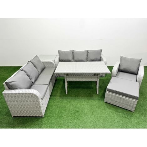 Fimous 8 Seater Poly Rattan Outdoor Garden Furniture Rectangular Dining Table Sofa Set Patio 3 Seater Sofa Reclining Chair 3 Seater Sofa Big Footstool Side Table Light Grey (1/4)