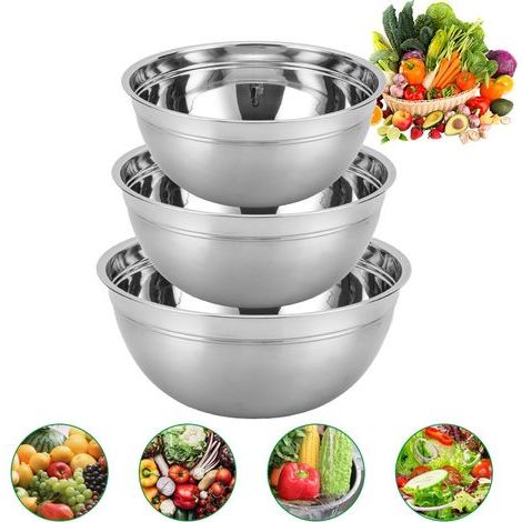 Ensemble de 3 saladiers en acier inoxydable avec couvercles, empilables pour un rangement optimal.