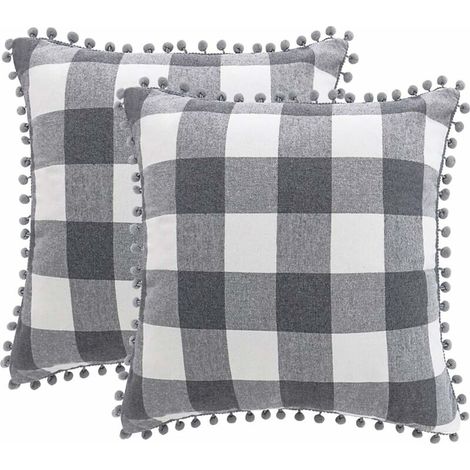 Green Mobility-Housse de Coussin à Carreaux Lot de 2 Housse de Coussin Décorative avec Pompons Housse de Coussin Décorative 45x45cm avec Fermeture Éclair Cachée Gris et Blanc (1/5)