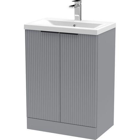 Fluted Front Floor Standing 2 Soft Close Door Bathroom Vanity Unit with 1 Tap Hole Basin, 600mm, Satin Grey, Black Handles