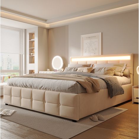 MEUBLIV Lit coffre rembourré 180 x 200 cm, lit adulte 2 places avec LED et sommier à lattes, Rangement hydraulique, velours velours (1/5)