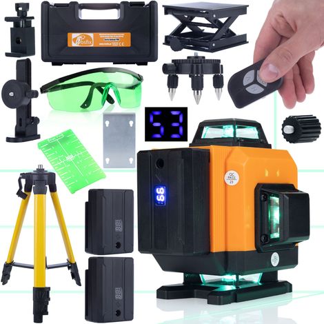 Rosfix Orange Tiger ROT16L – Laser Wasserwaage  16 Linien, 360°  Selbstnivellierung, IP54, -20°C bis 50°C  Mit grünem Zielbrett, Schutzbrille, Stativ 43-120cm  Profi Messtechnik