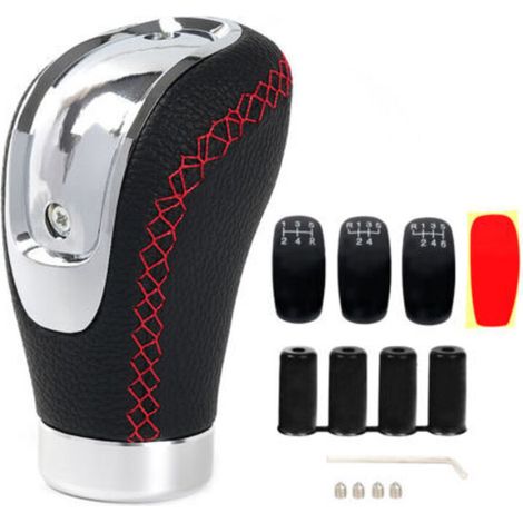 Universal Schaltknauf aus Leder mit 4 Adaptern und 3 Ersatzkappen, für manuelle Autos mit 8 mm, 10 mm, 10 mm, 12 mm（Rote Linie）