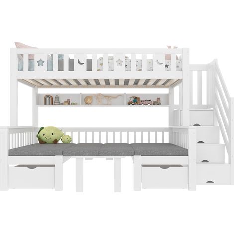 Litera alta 90x200 cm con escritorio abatible 2 en 1, escalera con almacenaje, barandillas de seguridad, estructura de madera de pino y color blanco para niños  CHICFURN (1/5)