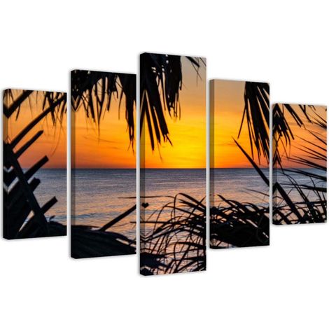 Quadro su tela 5 paneli Spiaggia Mare Sabbia Tramonto - 200x100 (1/5)
