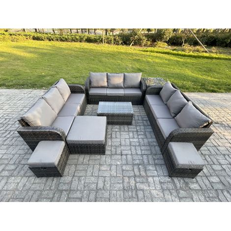 Fimous Ensemble de canapés en rotin 12 places salon de jardin avec Table basse rectangulaire Canapé 3 places Table d'appoint 3 Tabourets Gris foncé mixte (1/5)