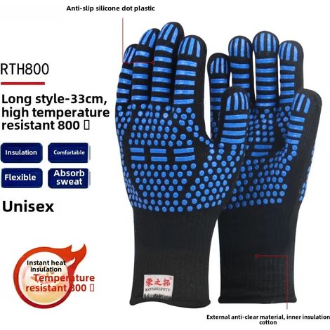 Gants en aramide résistants aux hautes températures (800D BLEU 31 cm) 500 degrés, anti-coupures, isolants thermiques, anti-brûlures, pour barbecue et cuisson. Gants en Kevlar anti-brûlures. (1/5)