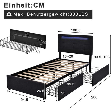 Cadre lit 90×200cm noir,éclairage LED et 2 tiroirs,lit simple rembourré,tête réglable en hauteur,base à lattes bois sans matelas