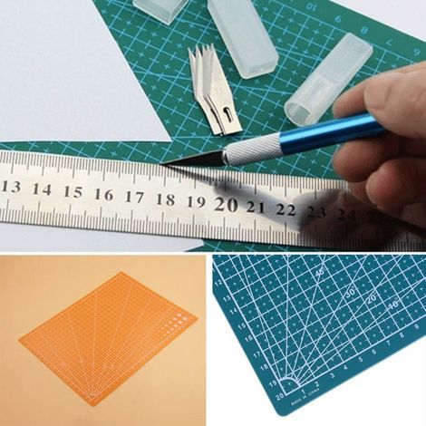 Planche à découper A4 en PVC quadrillée, tapis de découpe professionnel auto-cicatrisant et multi-usages pour le quilting, la couture, le scrapbooking et les loisirs créatifs (bleu). (1/5)