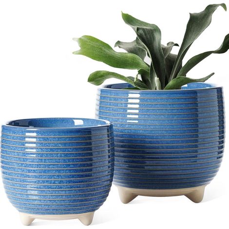 Keramik Blumentopf Set mit Füßen, 2er Pack, Blau, 12+16 cm (1/5)