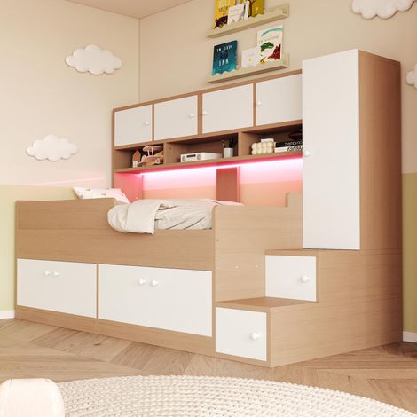 Lit enfant en bois 90 × 200cm, avec rangements, étagères, penderie et échelle facile d'accès, éclairage LED, cadre de lit enfant avec barrière de sécurité, coloris bois, garantie 2 ans