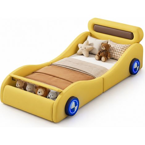 Letto auto imbottito 90x200 cm per bambini e ragazzi, con ruote luminose, vano contenitore e rivestimento in cuoio rigenerato giallo, senza materasso CHICFURN (1/5)