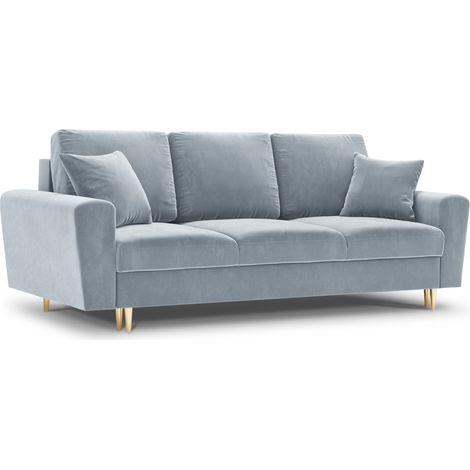 Canapé convertible + box 3 places en velours bleu clair (1/4)