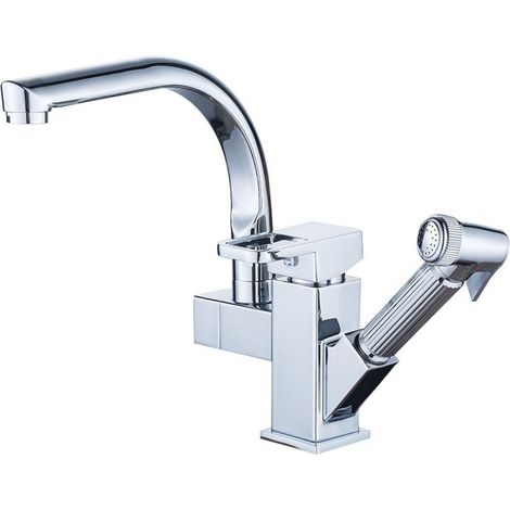 1 robinet mitigeur pour évier, flexible et extractible, douchette double fonction, buse pivotante 360°, finition acier inoxydable nickelé brossé (1/5)