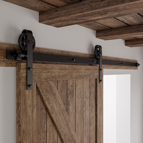 Rail Porte Coulissante 214cm Kit Roulette Suspendue Systeme Noir pour 1 Porte Coulissante Interieur 107cm Large, Milieu Roue J-forme (1/5)