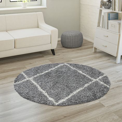 Paco Home Hochflor Teppich Wohnzimmer Shaggy Langflor Skandinavisches Rauten Muster Grau, 160 cm Rund