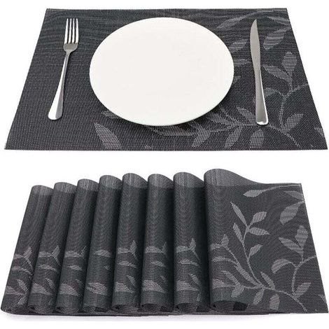 Lot de 8 sets de table en vinyle résistant à la chaleur et durable, tapis de cuisine en tissu, 45 cm x 30 cm, motif feuilles foncées (1/5)