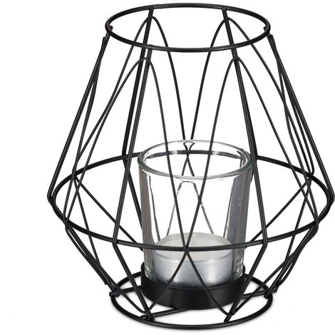 Relaxdays Portacandele dal Design Geometrico in Ferro, Vasetto in Vetro Porta Candele e Lumini, H x D 14 x 14 cm, Nero