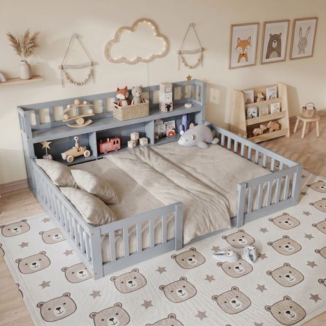 BLANKETSWARM - Lit simple enfant au sol 140×200cm en bois de pin massif, Lit montessori avec bibliothèque - barrière de sécurité - sans matelas, Gris