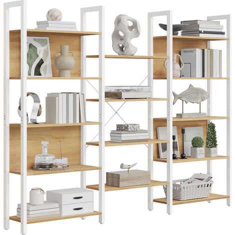 Bibliothèque, Étagère de Rangement, avec 14 Étagères, Cadre en Métal, Salon, Bureau, Style Industriel, 24 x 158 x 166 cm, Doré Chêne et Blanc Mat (1/5)