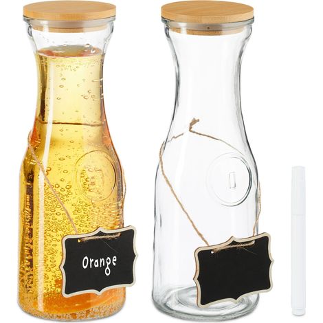 Relaxdays Wasserkaraffe, 2er Set, 1 Liter, Glaskaraffe mit Bambusdeckel, zum Beschriften, Wasserkanne, transparent/natur (1/5)