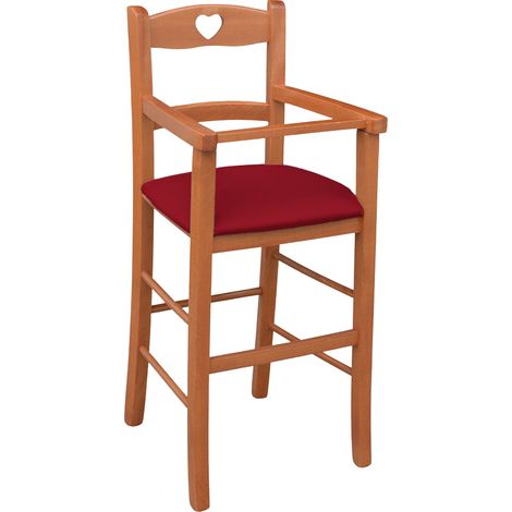 Seggiolone in legno color ciliegio con seduta imbottita in similpelle rosso