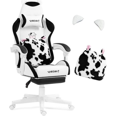 Gaming Stuhl Kawaii Ohren Kissen Lendenstütze Fußstütze Blackwhite (1/5)