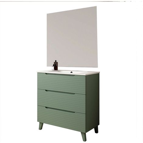 Kibath Mueble de baño con Lavabo, Espejo y Aplique LED BOREAL 100x45 cm acabado VERDE LAGO mate 3 cajones con patas (1/5)