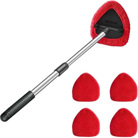 Nettoyant pour Pare-Brise de Voiture, Nettoyant de Vitres de Voiture avec 4 Tampons en Microfibre Lavables Et RéUtilisables, Kit de Nettoyage d'Essuie-Glace à Long Manche Extensible (Rouge) (1/5)