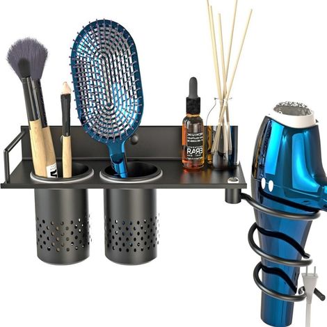 Soporte de pared para secador de pelo, soporte para secador y plancha con 2 vasos extraíbles de acero inoxidable, colgador para secador de pelo, soporte para secador (1/5)