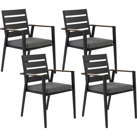 Conjunto de 4 sillas de jardín de metal negro gris madera clara cojines Taviano (1/5)