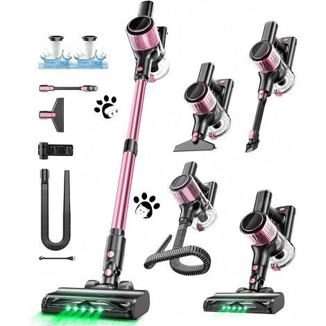 Aspirateur Balai sans Fil 52KPa/500W/45Mins, Écran LED, Tuyau Extensible, Brosse Anti-Enchevêtrement, Filtration 5 Niveaux, Idéal pour Sols Durs, Tapis, Poils d'animaux et Voiture - Rose (1/5)
