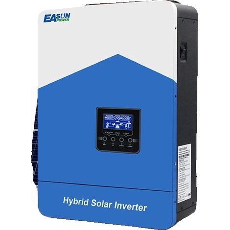 Inversor solar híbrido, potencia nominal de 6200 W, potencia fotovoltaica máxima de 6500 W, corriente de carga de 120 A, doble salida, dimensiones 48 x 36 x 17 cm. (1/5)