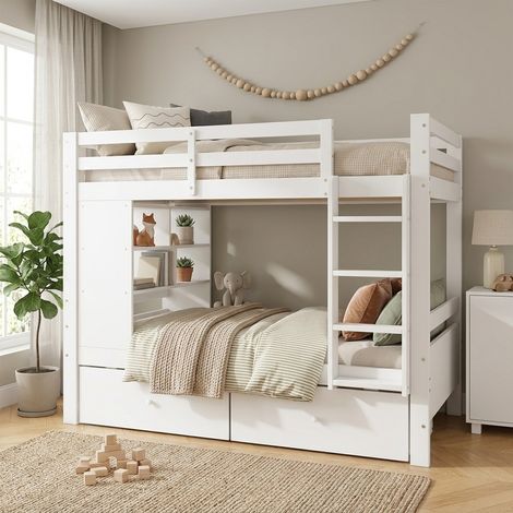 Litera blanca de 90x200 cm, de madera, con 2 cajones, un estante abierto y una escalera, ideal para 2 niños. (1/5)