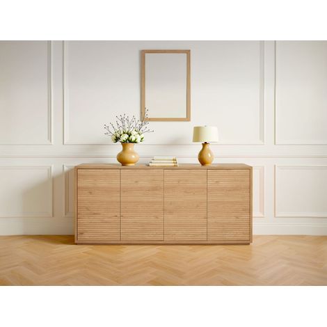 Bobochic – Buffet 4 portes 180 cm chêne effet tasseaux de bois – Rangement élégant pour salon – Dimensions optimales pour espaces modernes (1/5)