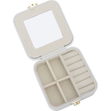 Schmuckkästchen, kleine Schmuckschatulle, Organizer, Aufbewahrungsmöglichkeit für Ringe und Ohrringe, tragbar, Beige (1/5)