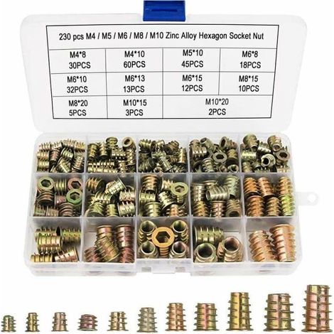 Écrous hexagonaux avec inserts filetés – Lot de 230 pièces (M4, M5, M6, M8, M10) en alliage de zinc pour meubles en bois (1/5)