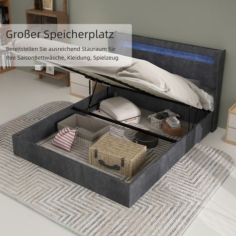Lit rembourré moderne et minimaliste avec tête de lit souple intégrant un éclairage LED, 160 x 200 cm, gris, meuble de chambre multifonctionnel, sommier coffre haut avec mécanisme de levage à gaz, mat (1/5)