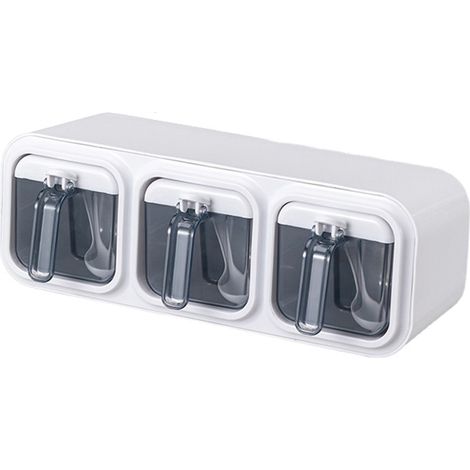 Lot adhésif mural boîte épices plastique blanc cuisine rangement assaisonnement 3 compartiments 32x11x11cm (1/5)