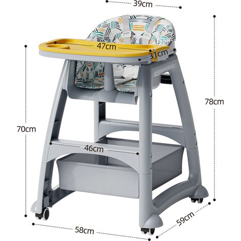 Chaise haute pour enfants avec 3 plateaux repas interchangeables en PP (jaune, vert, rose), harnais 5 points, roues verrouillables et plateau amovible - Pour les enfants de 6 mois à 3 ans (usage domes (1/5)