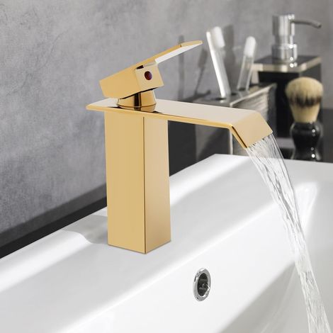 Badezimmer Armatur, Wasserfall Waschtischarmatur Bad Wasserhahn Bad, Edelstahl Wasserhahn Badezimmer Einhebel Mischbatterie Waschbecken Wasserfall Armatur Waschbecken (Gold) (1/5)