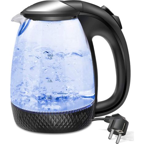 Bouilloire électrique 1,7 l, base 360°, filtre anticalcaire amovible, bouilloire électrique en verre, 2200 W de puissance, noir (1/5)