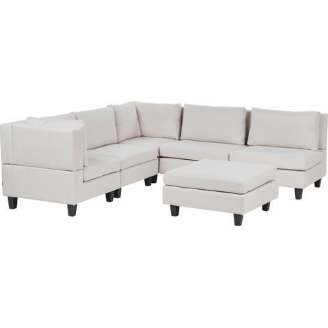 Sofá modular esquinero moderno 5 plazas tapizado tela patas negras respaldo acolchado derecho con otomana beige claro Unstad