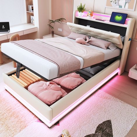 Lit coffre 90 x 200 cm lit simple enfant rembourré avec Éclairage LED ports USB et Type C,tête de lit relevable,tissu lin beige (1/5)