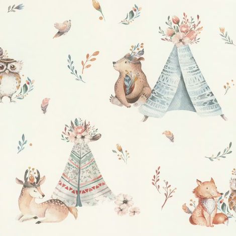 Kids Wallpaper Blue Beige Woodland Animals Teepee Nursery Watercolour (1/4)