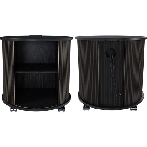 Table de chevet cylindrique style milieu de siècle avec station de charge (prise + 2 ports USB), porte inclinée et espace de rangement, sur roulettes pour chambre et salon, finition noire, L60 × H60 × (1/4)