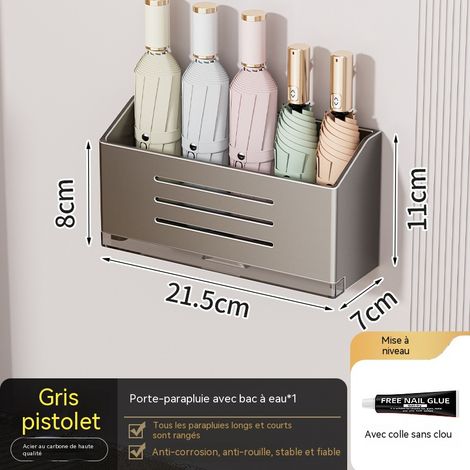Porte-parapluies à court manche, gris, à coller sans perçage, pour entrée, pliable, avec bac de récupération
