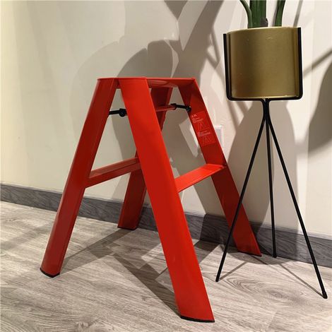 Échelle pliante pour usage domestique, similaire au petit tabouret-échelle japonais de style Hasegawa, en alliage d'aluminium épais, échelle en forme de A photogénique, deux marches, rouge. (1/5)